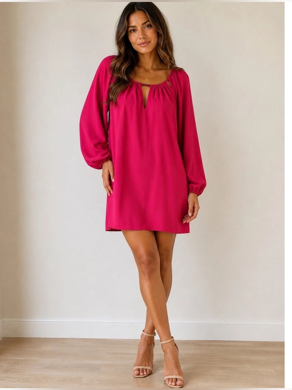 NWT Trina Turk S Magenta Pink Keyhole Beaded Bar Shift Dress Long Sleeve MINI